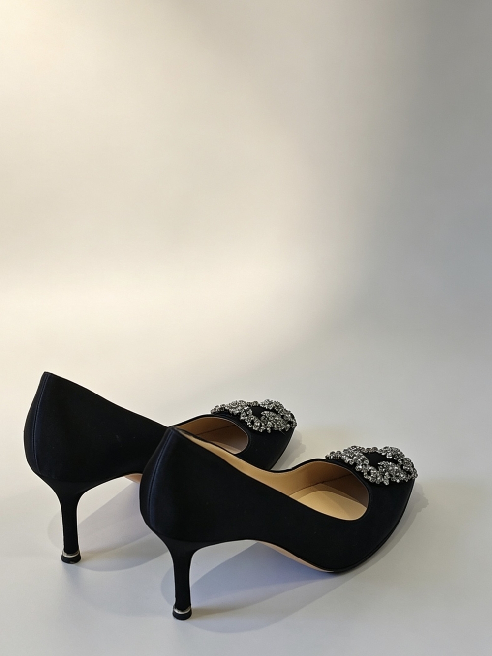Manolo Blahnik Black Satin Hangisi Crystal-Embellished Pumps - Picture 6 of 12